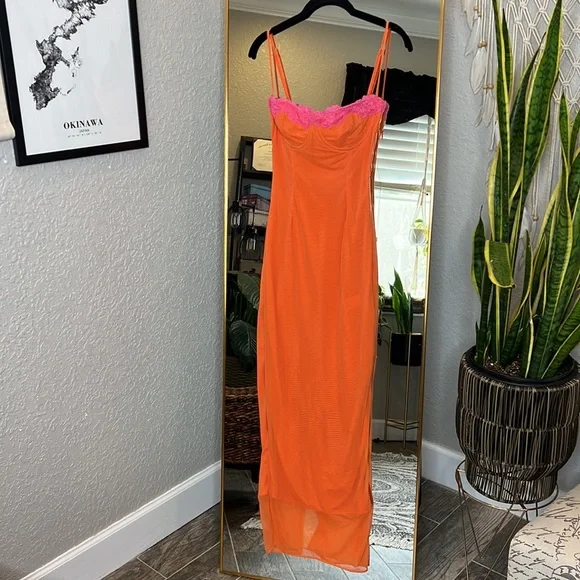 knee length dresses for ladies House of CB Pixie Flame Orange Ruffle Maxi Dress  Hills Shire Hire